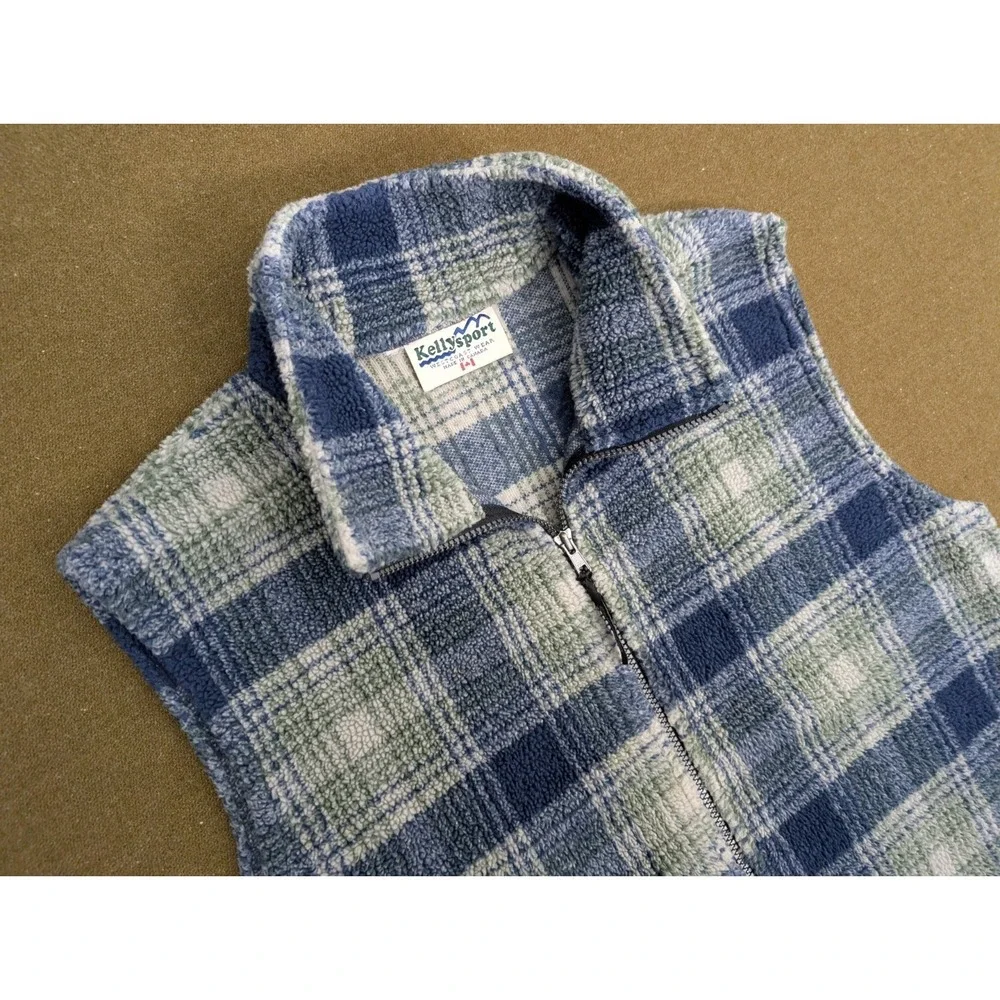 Vintage 90s Kelly Sport Men's Large Plaid Fleece Vest Jacket Zip Up Canada -read